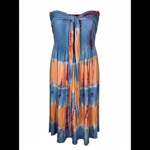 Raya Sun Womens Tie Dye Boho Smocked Midi Dress Blue Orange Pink Size M
